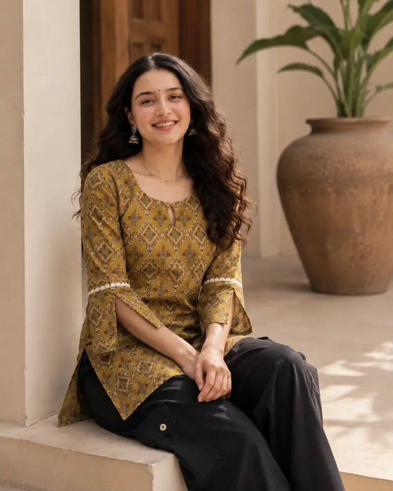 Yellow Printed Kurti